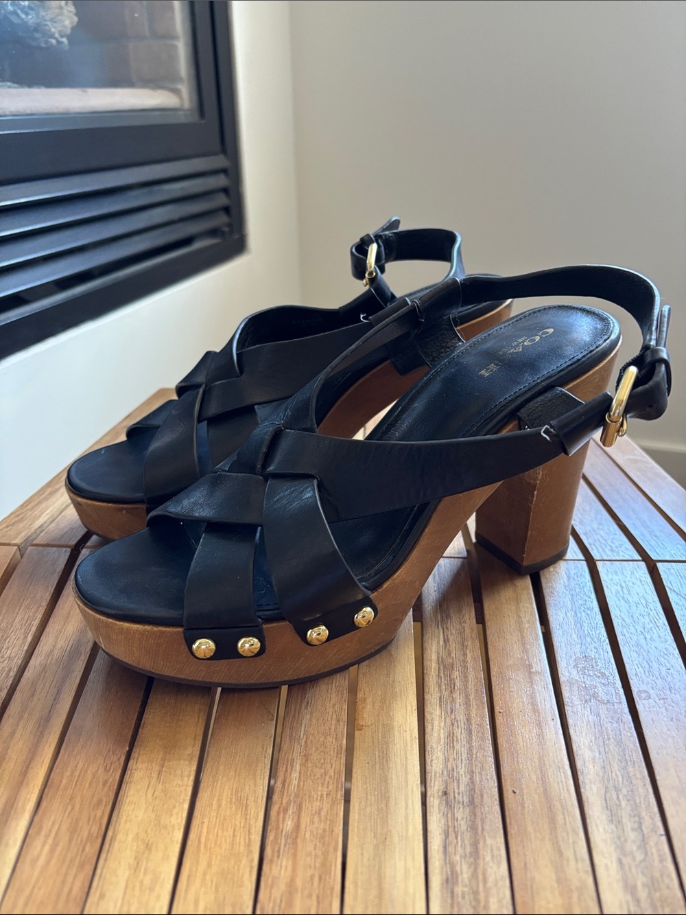 Coach Black Leather Platform Sandals with Gold Studs and Wood Heel